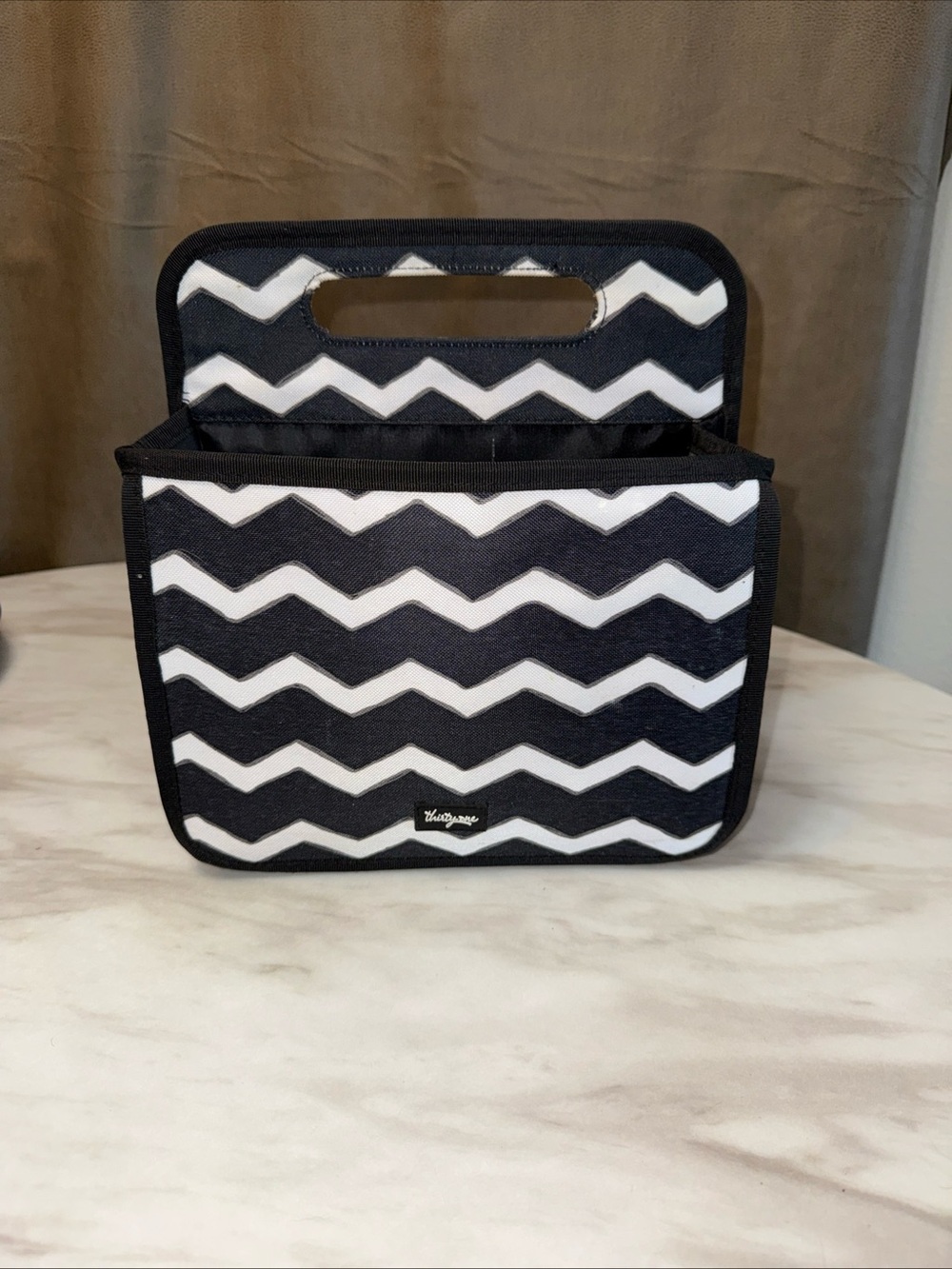 Thirty-One Fabric Storage Basket Caddy Black White Chevron Handles 10x8x<6"